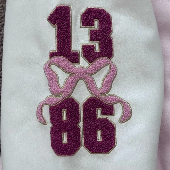 LoveShackFancy Pink and White Varsity Jacket with Embroidered P Patch - Picture 4 of 7